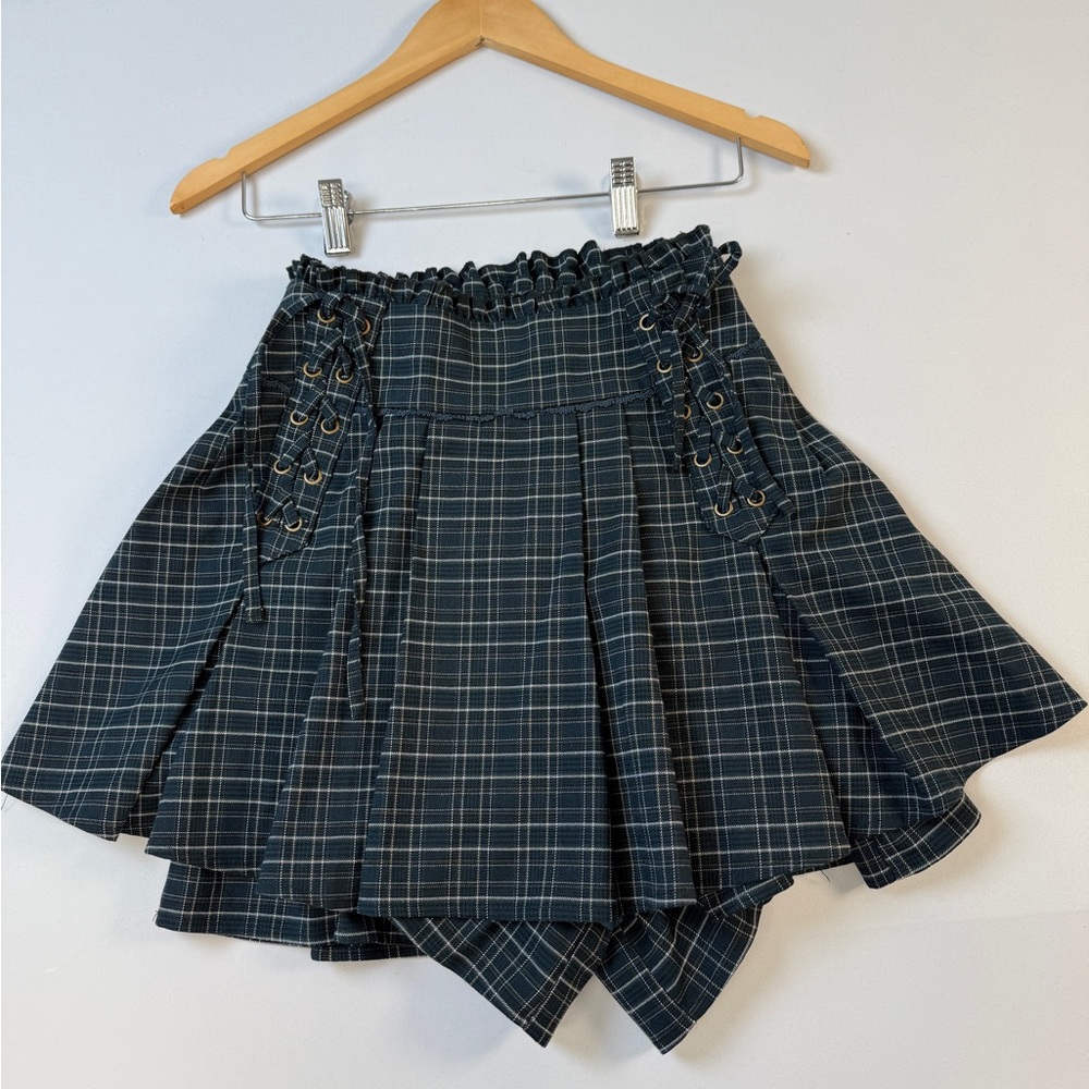 Plaid A-Line Skirt with Lace-Up Detail